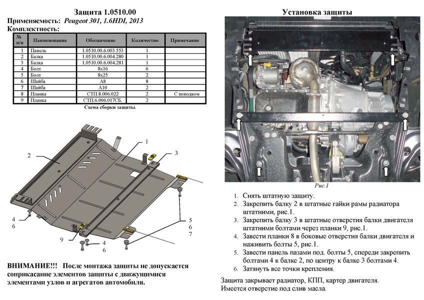 Захист двигуна, КПП і радіатора для Peugeot 301 2012- KOLCHUGA Standart 1.0510.00 фото ##SPECS## Об'єм двигуна: V-1,6HDI | Примітка: МКПП