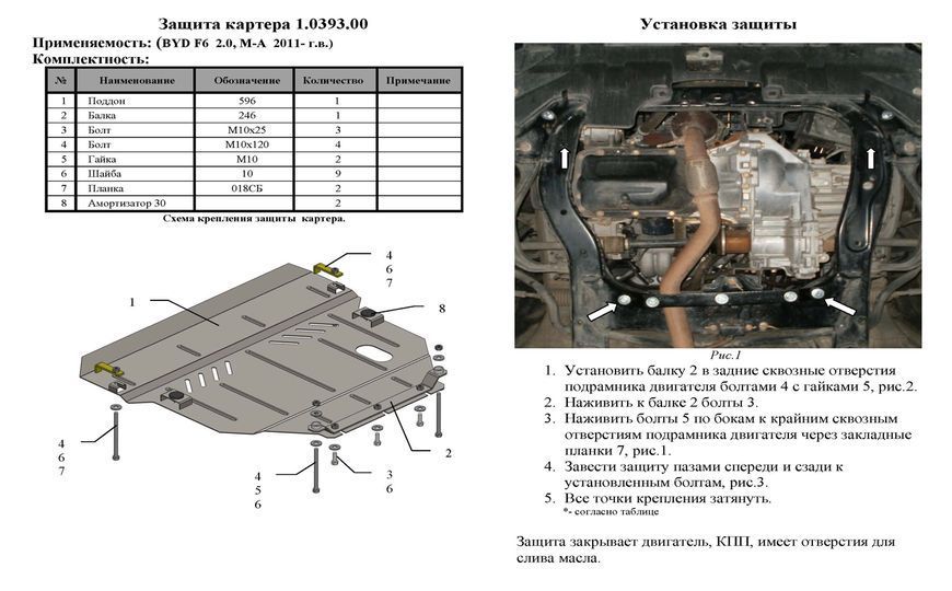Захист двигуна, КПП і радіатора для BYD F6 2011- KOLCHUGA Standart 1.0393.00 фото ##SPECS## Об'єм двигуна: V 2,0 | Примітка: